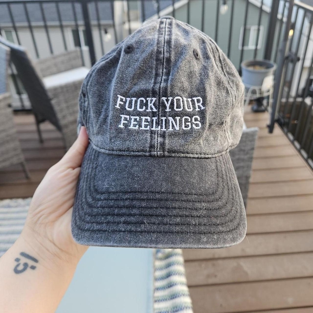 Embroidered 'F*** Your Feelings' Distressed Black Dad Hat - Picture 3 of 8